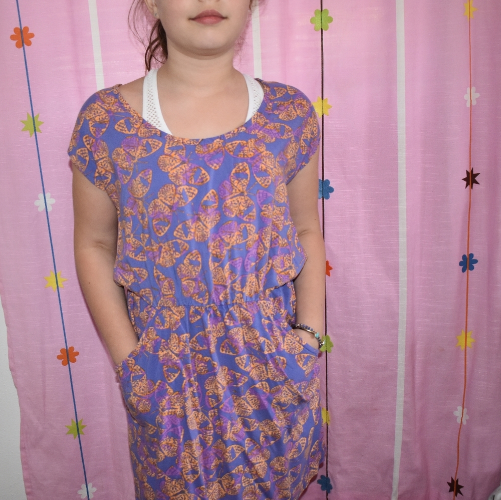 Short purple and pink flower dress with pockets